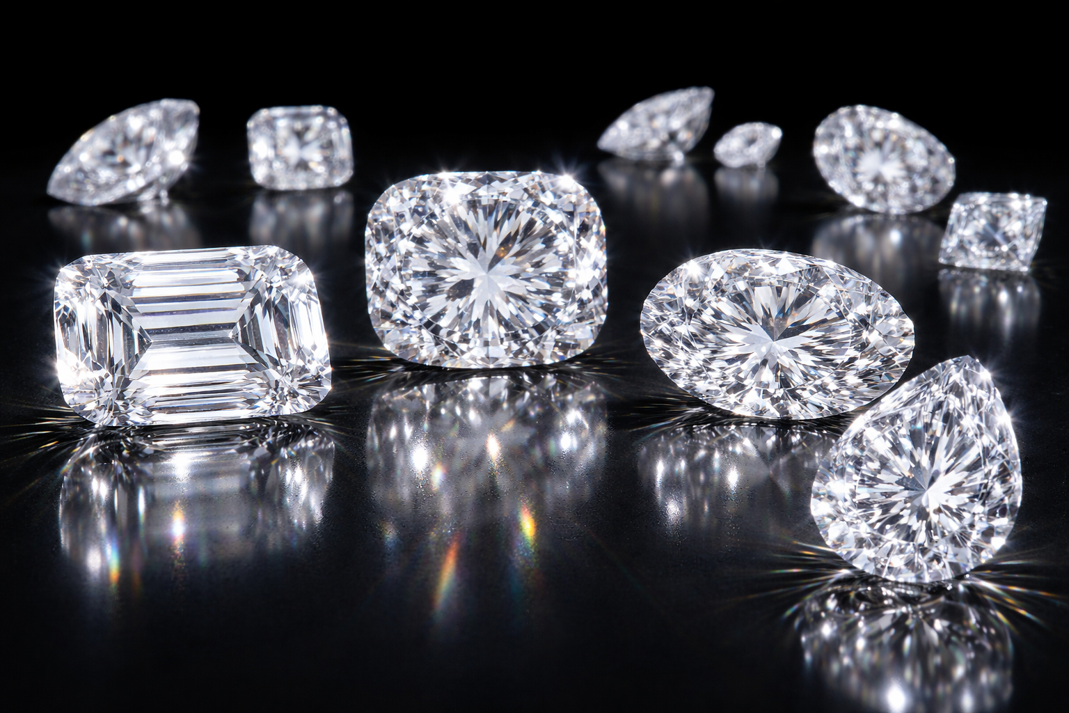 Variety of diamond shapes showcasing cut, color, clarity, and carat differences