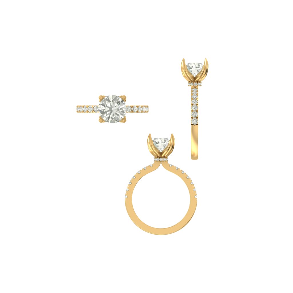 CAD rendering of a custom ring concept showing three views