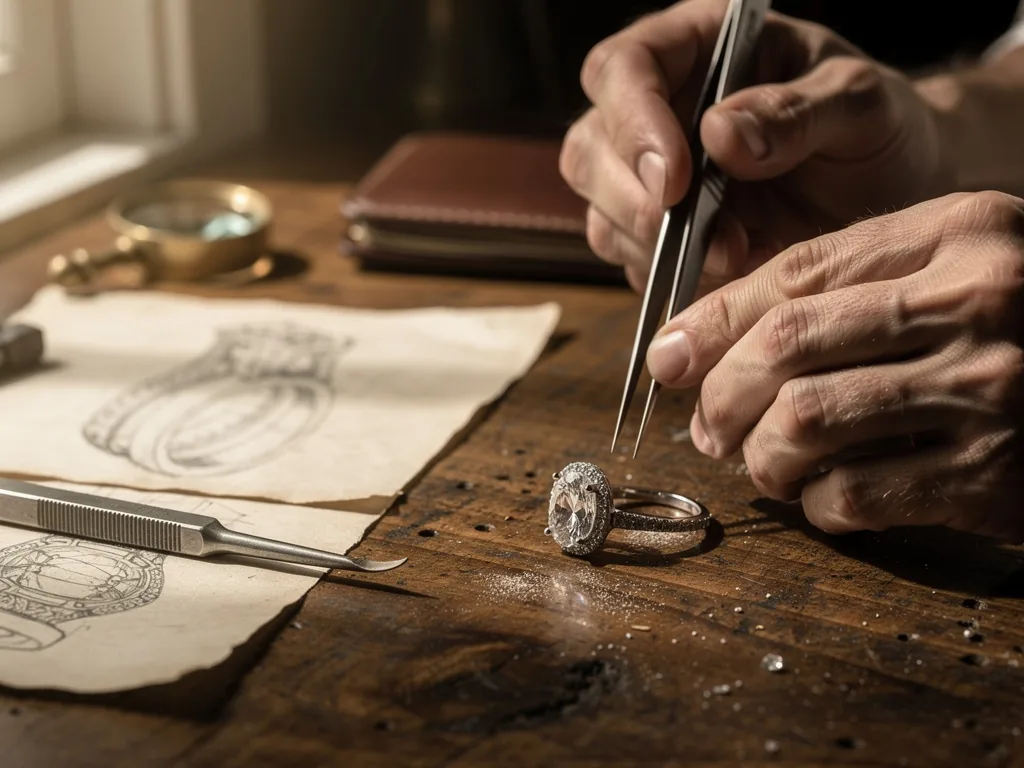 Master jeweler at a workbench, setting a brilliant round diamond into a halo engagement ring, with ring design sketches on parchment in soft natural light
