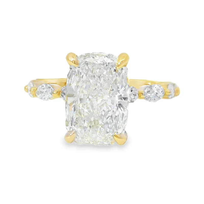 DAC-EN-0203: handcrafted elongated cushion-cut diamond engagement ring in yellow gold with delicate marquise side stones
