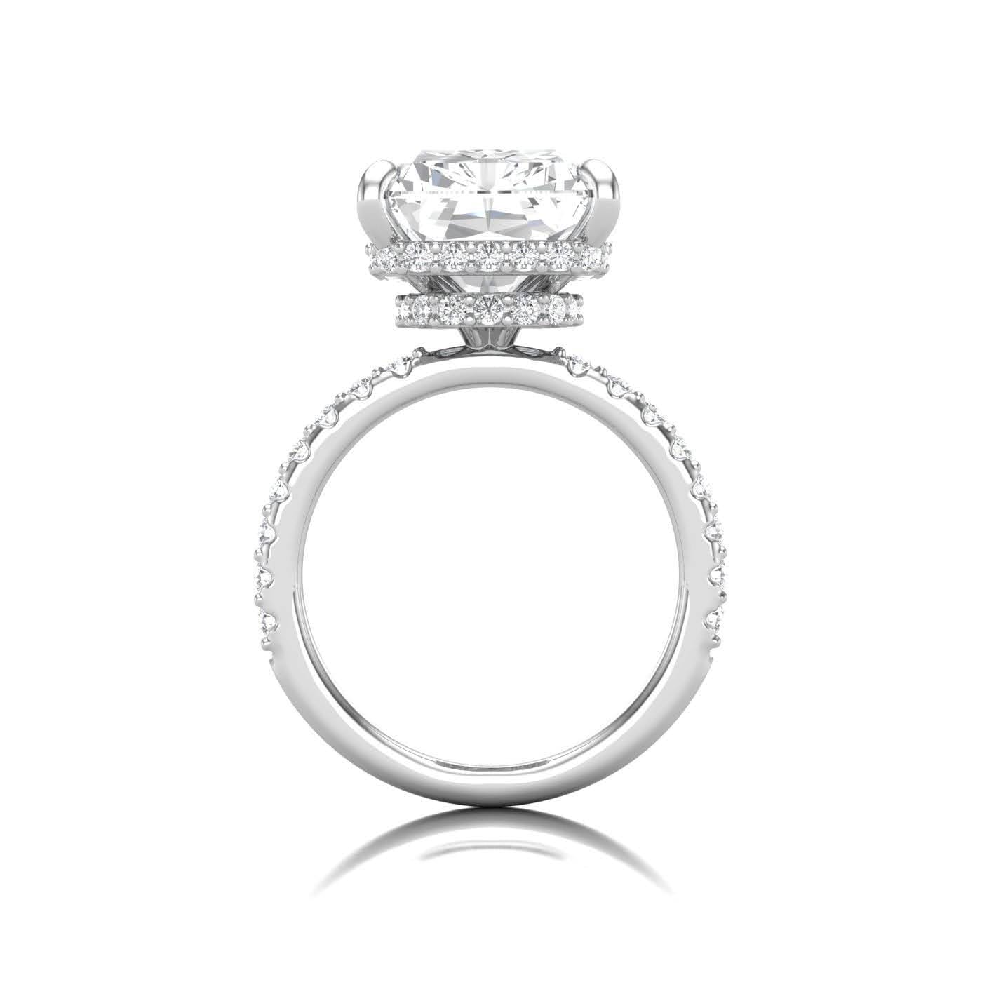 Cushion-cut solitaire with hidden halo and diamond-set band, CAD render