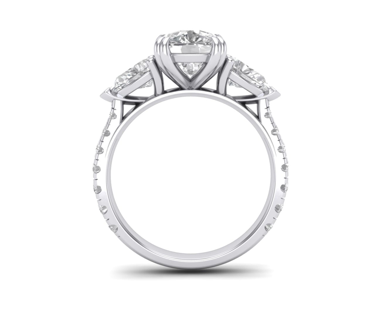 CAD render of cushion-cut three-stone with pear side stones and hidden halo on diamond pavé shank