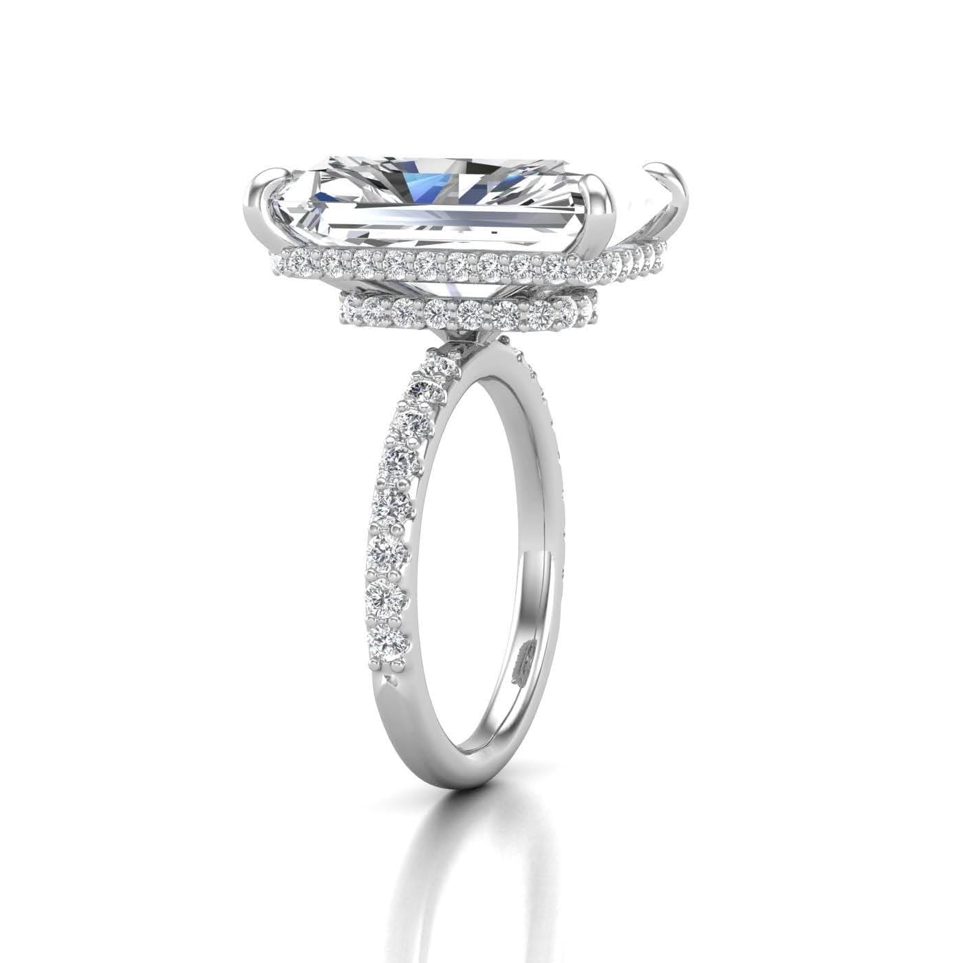Emerald-cut halo engagement ring in yellow gold, CAD render