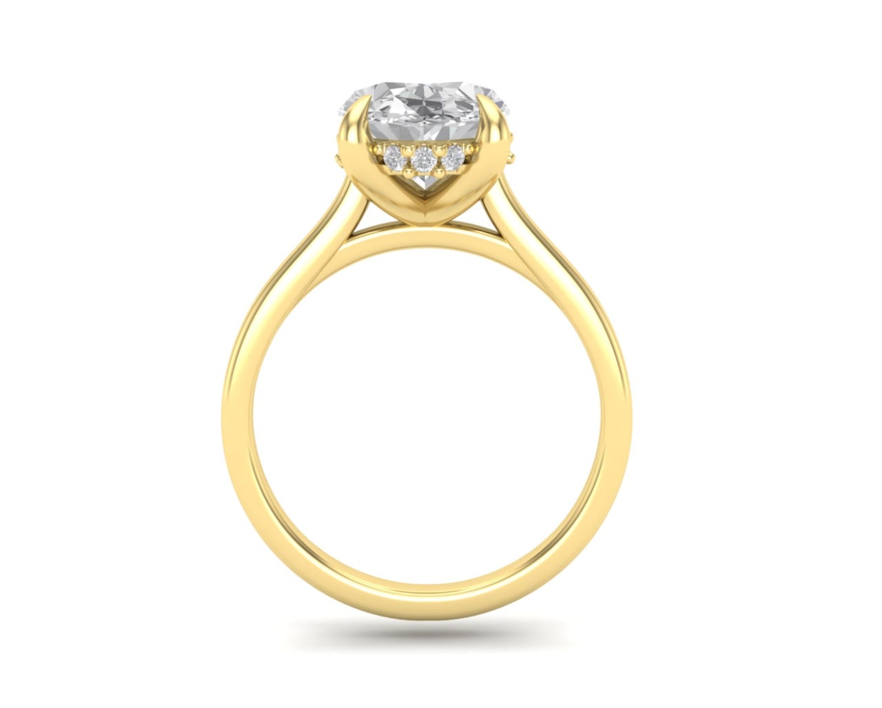 CAD render profile of oval diamond with hidden halo of round brilliants on cathedral shoulders in yellow gold