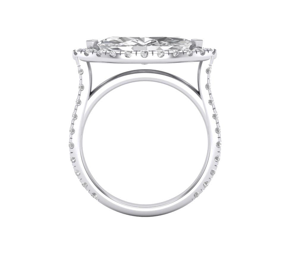 CAD render side profile of marquise diamond with diamond hidden halo and pavé cathedral shank
