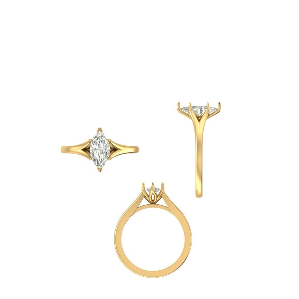 Marquise-cut solitaire engagement ring in yellow gold, CAD render