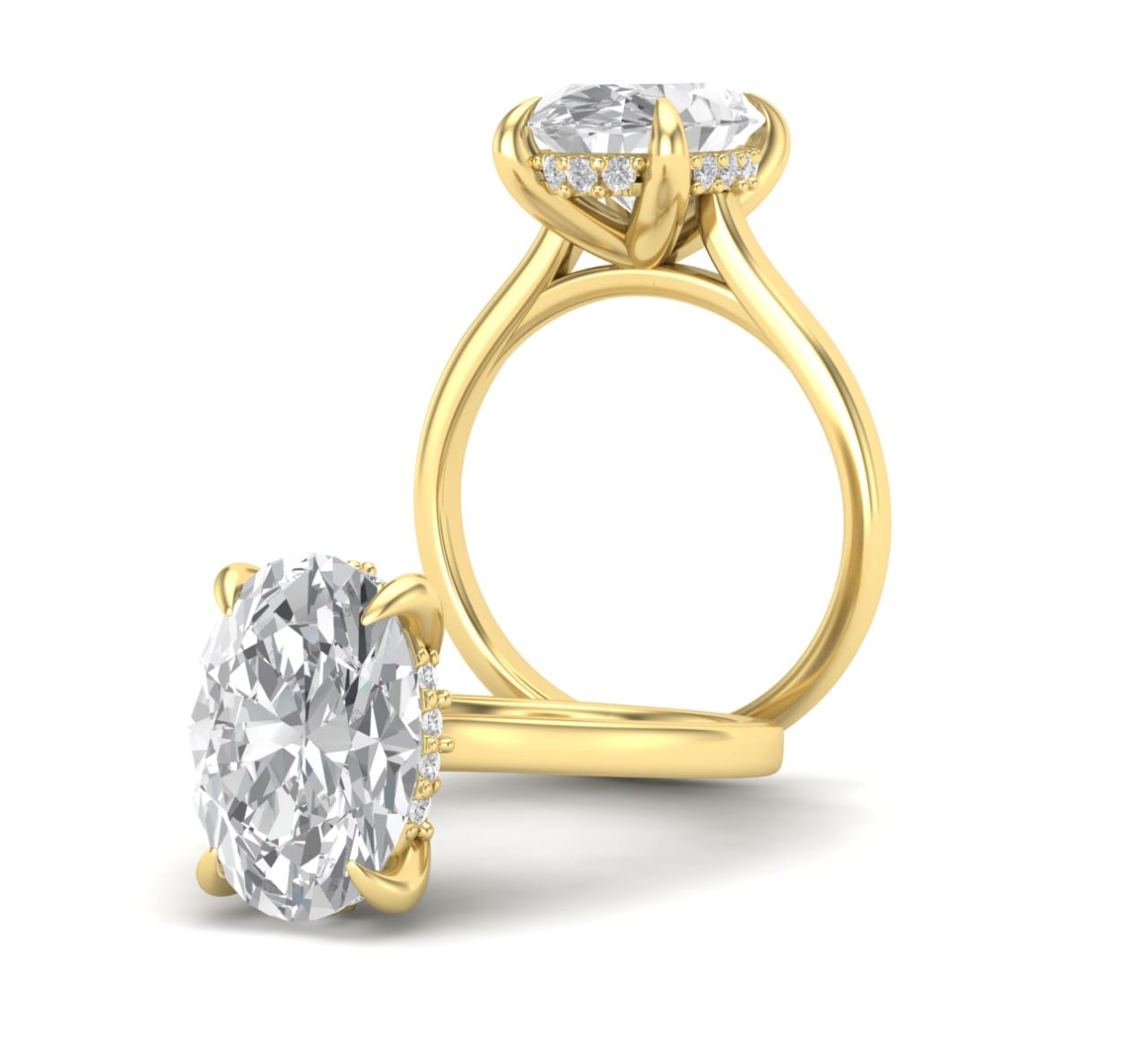 CAD render of oval diamond solitaire with talon claw prongs and hidden halo in yellow gold