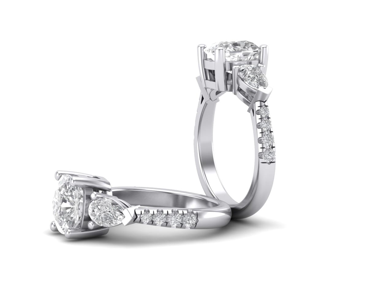 CAD render of oval diamond center with pear-shape side stones and French-pavé platinum band
