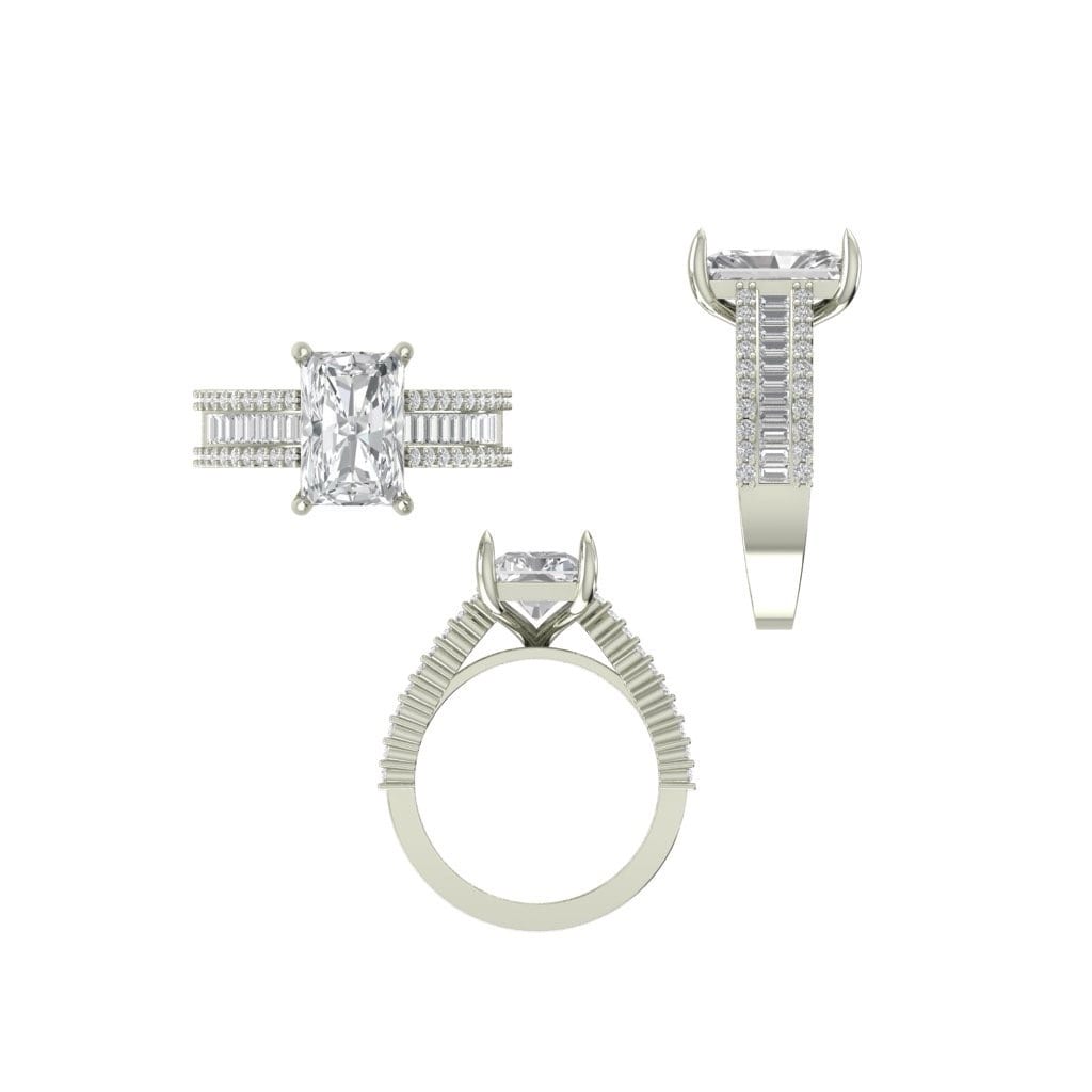 Radiant-cut engagement ring with split-shank baguette band, CAD render