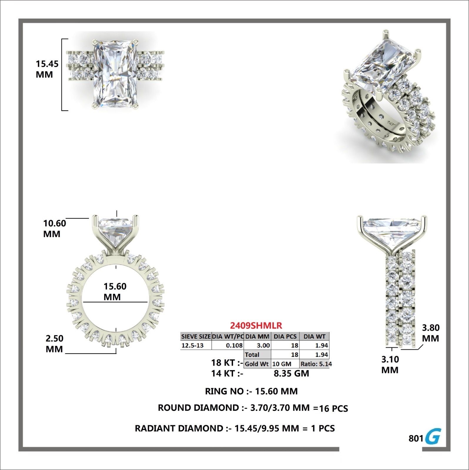 CAD rendering of custom engagement ring, concept 72