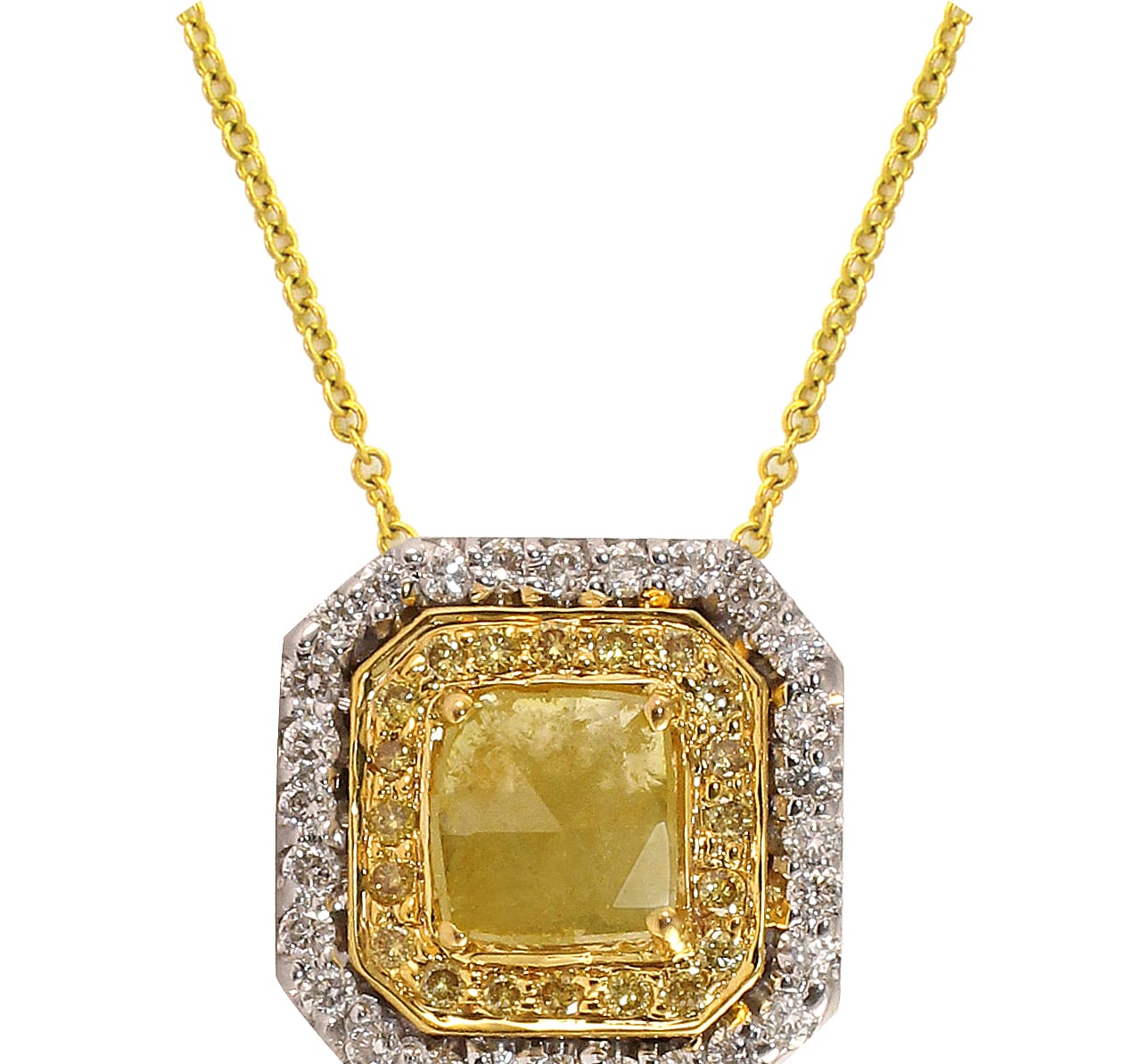 Rose-cut fancy yellow diamond cushion pendant with double diamond halo on yellow gold chain