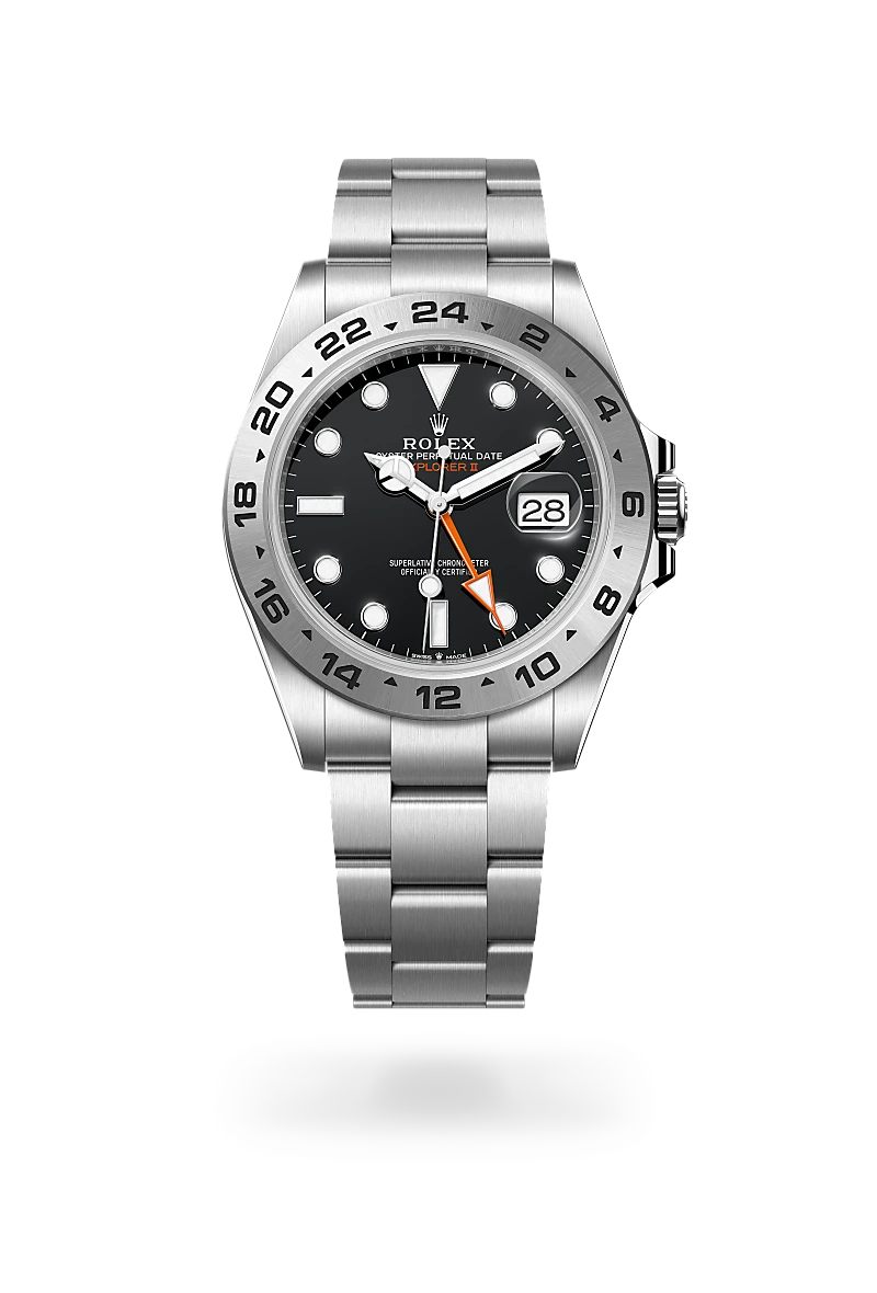 Rolex Explorer II 216570 with black dial and orange GMT hand at Diamonds Above Austin